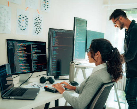 A couple of custom software developers coding.