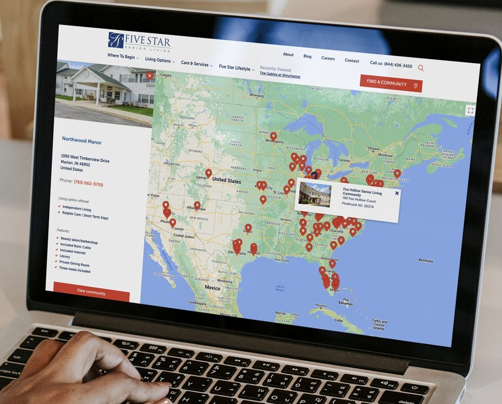 Five Star Senior Living Website Redesign map locator