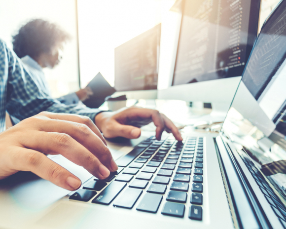 Developing programmer Team Development Website design and coding technologies working in software company office