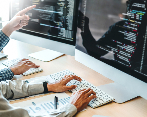 Developing programmer Team Development Website design and coding technologies working in software company office