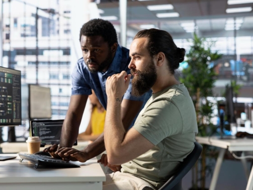 Two male programming professionals working on a computere.