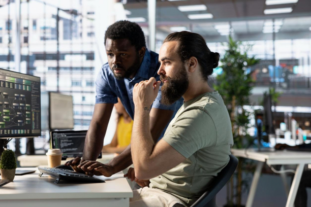 Two male programming professionals working on a computere.