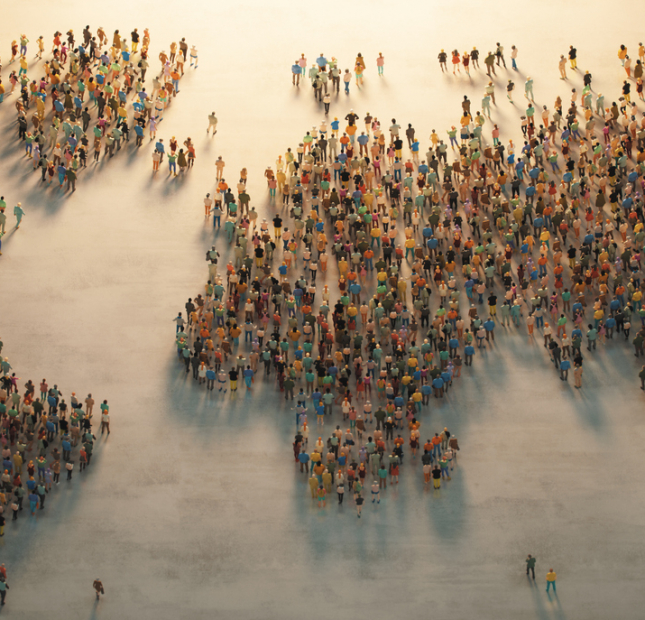 A diverse crowd of people forms the shape of a world map, all facing a central light source, symbolizing unity, hope, and a shared future.