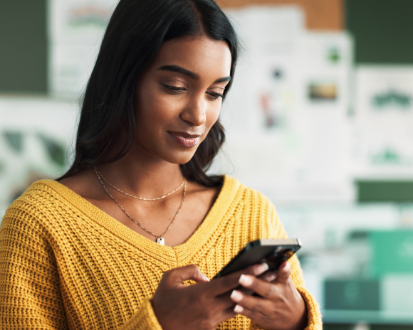 Female person, university learner and happy on internet with social media interaction and posts