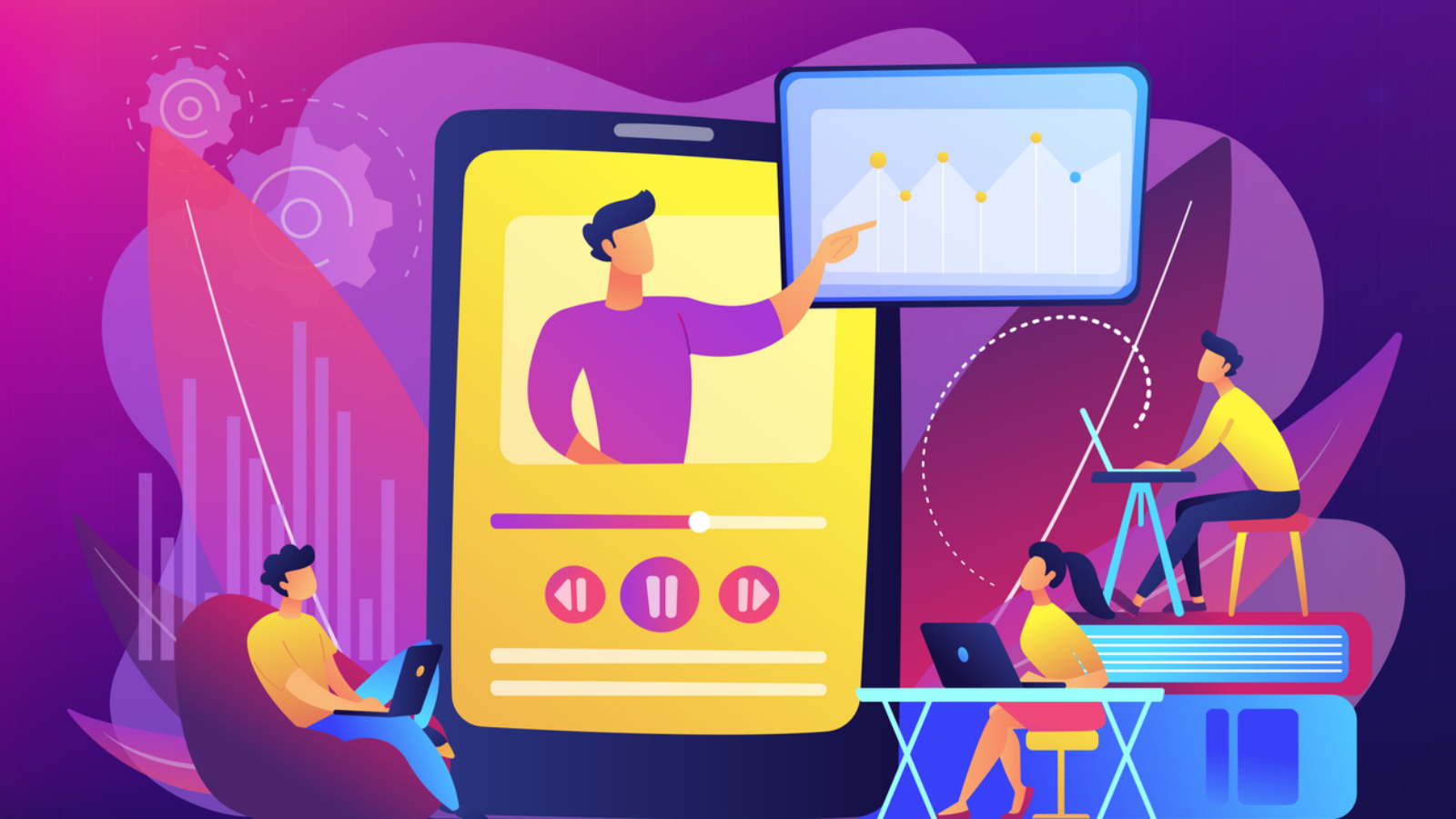 Students watching online training video with teacher and chart on tablet. Online teaching, share your knowledge, english teacher online concept. Bright vibrant violet vector isolated illustration