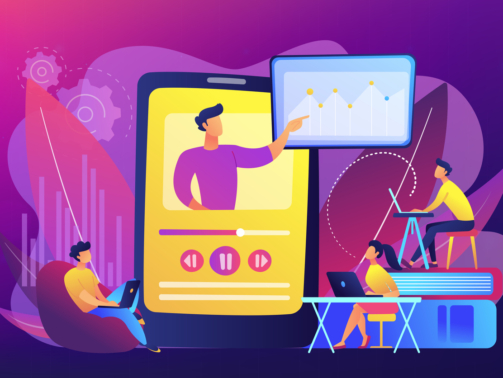 Students watching online training video with teacher and chart on tablet. Online teaching, share your knowledge, english teacher online concept. Bright vibrant violet vector isolated illustration