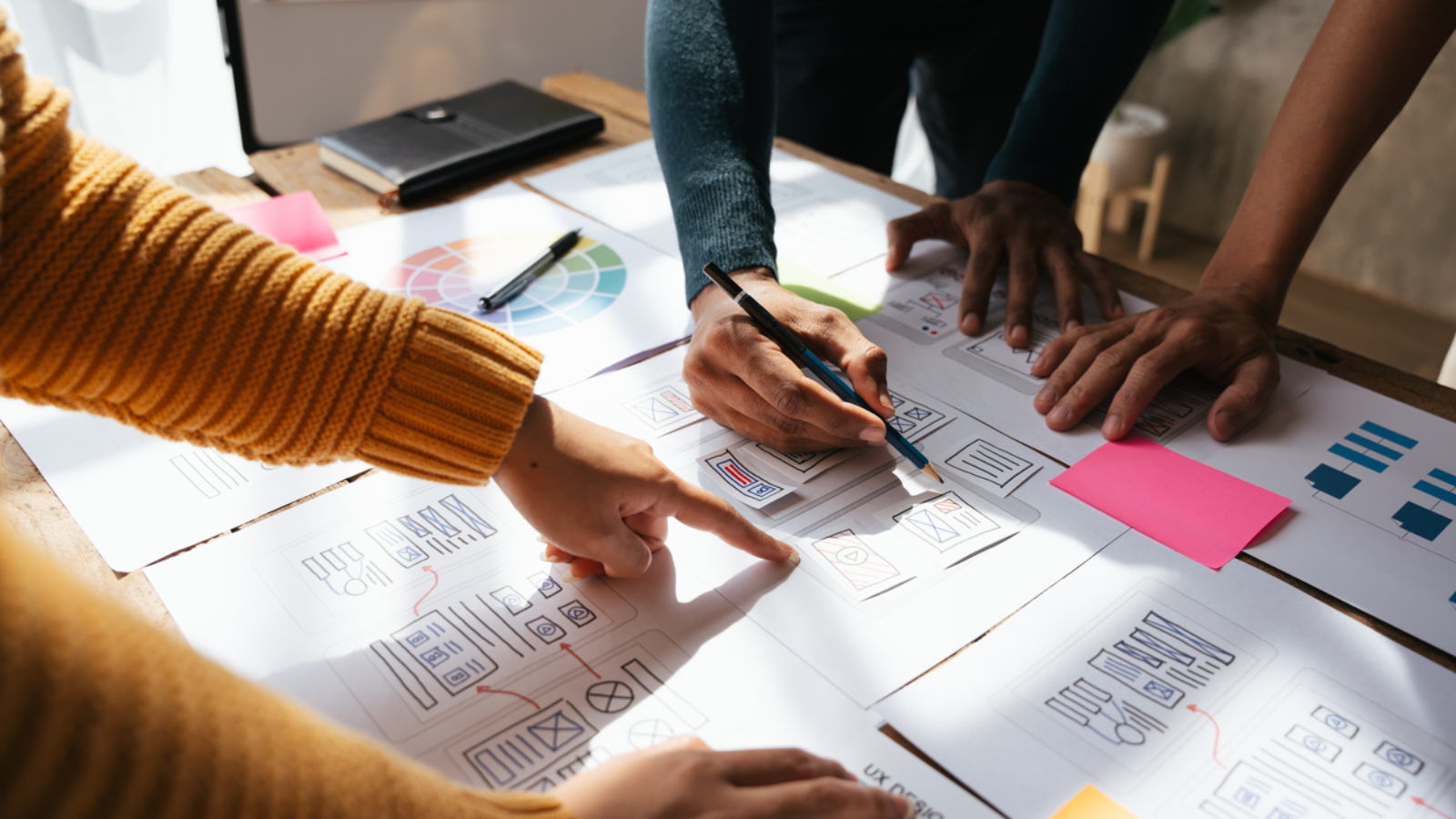 ux Graphic designer creative sketch planning application process development prototype wireframe for web mobile phone . User experience concept.