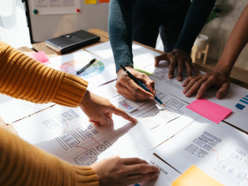 ux Graphic designer creative sketch planning application process development prototype wireframe for web mobile phone . User experience concept.