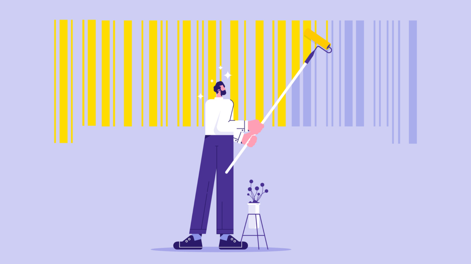 Businessman painting barcode, concept of rebranding as marketing strategy, change of brand identity corporate image, trademark, flat vector illustration