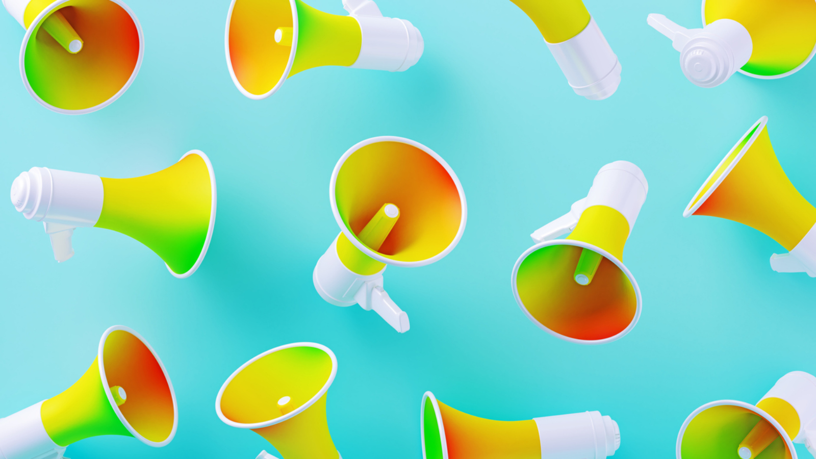 Colorful megaphones on blue background. Horizontal composition with copy space.