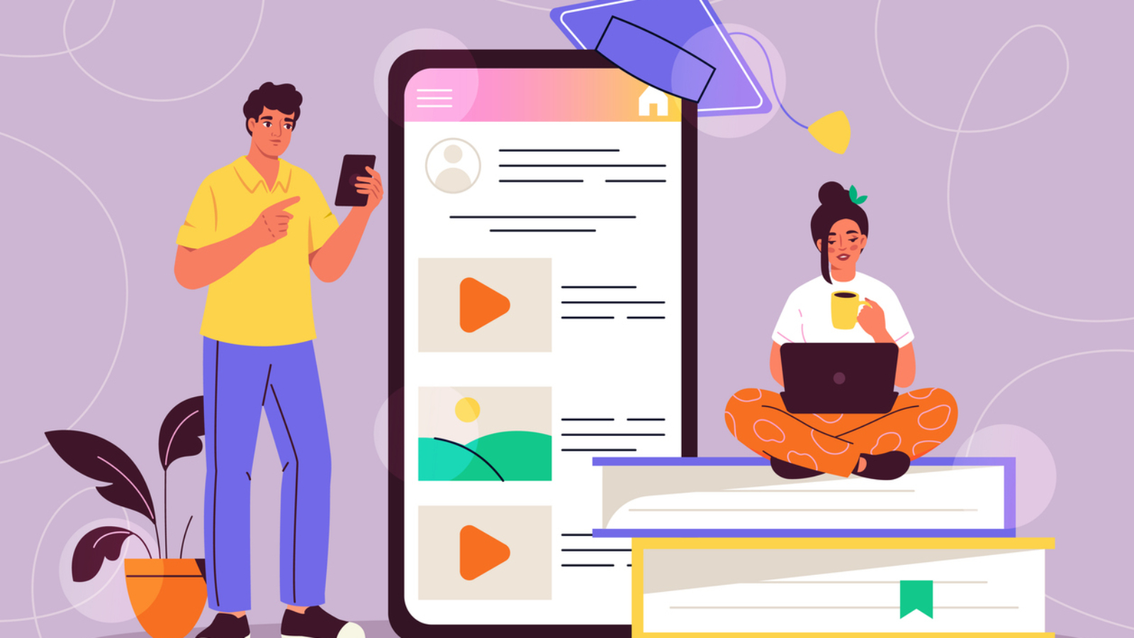 People with online education. Man and woman near huge smartphone and books. Students prepare for test or exam. Remote education and training, learning. Flat vector illustration