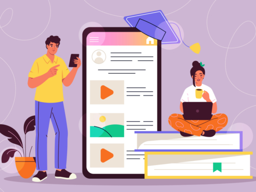 People with online education. Man and woman near huge smartphone and books. Students prepare for test or exam. Remote education and training, learning. Flat vector illustration