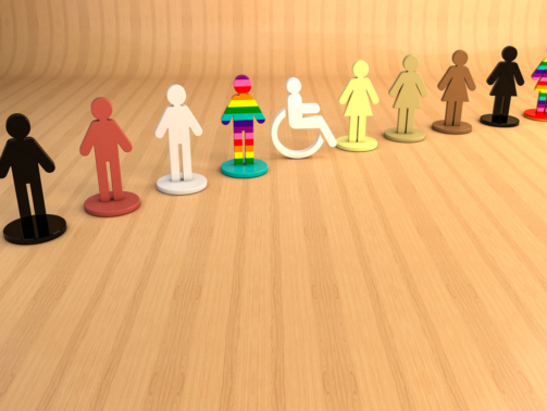 3D illustration of colorful human figures representing diversity and inclusion, with different skin tones and patterns symbolizing equality, respect and unity in a multicultural environment.