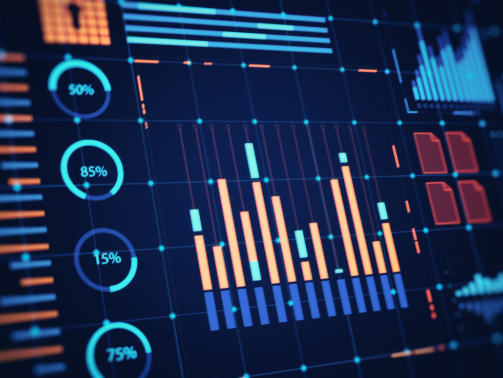 Financial data interface with bar charts, circular diagrams, and graphs on a futuristic digital background. Concept of market analysis. 3D Rendering.