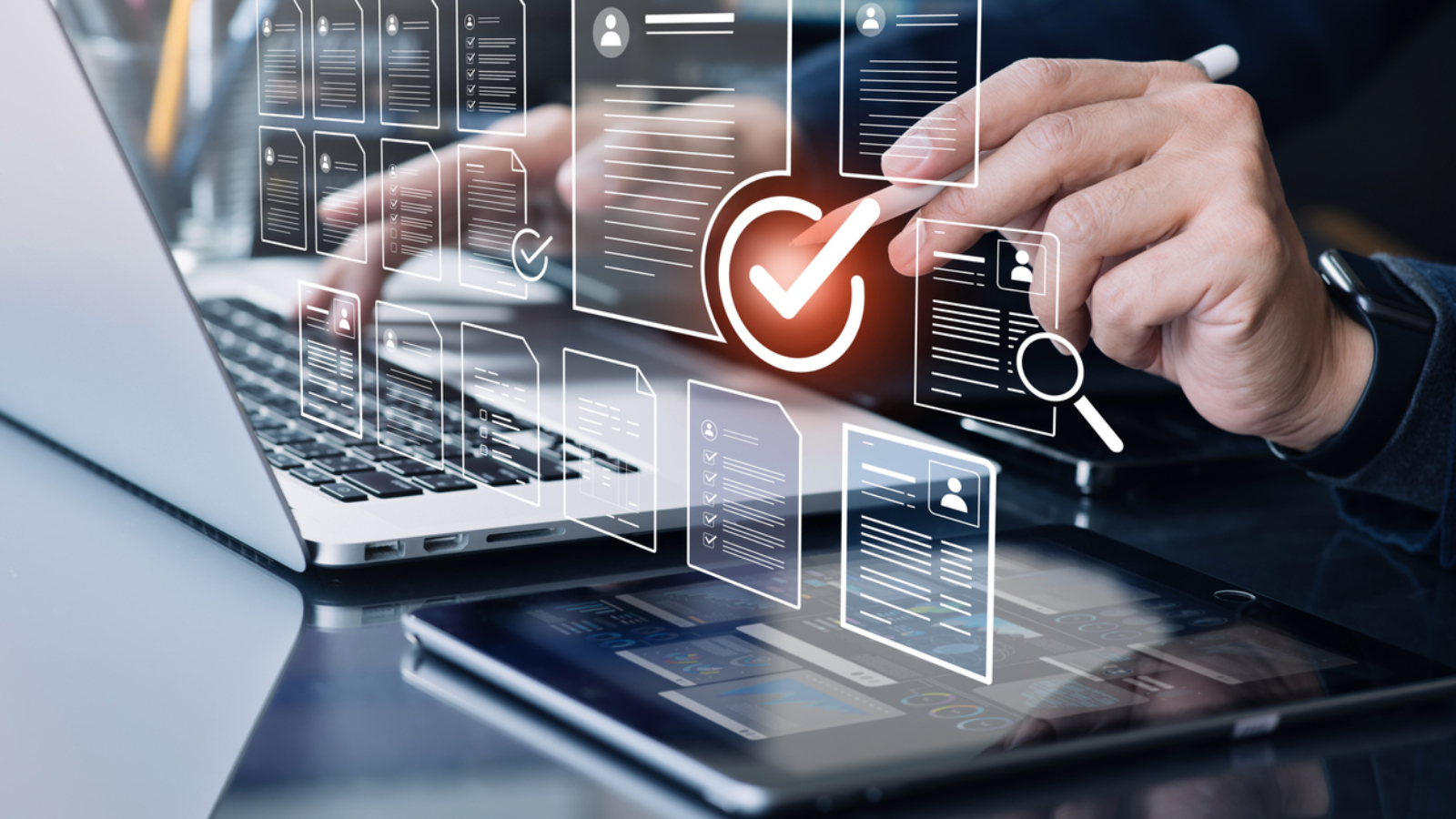 Businessman check marks,checkboxes with electronic survey form or digital document file.organizations and human resource management.big data analysis for survey statistics