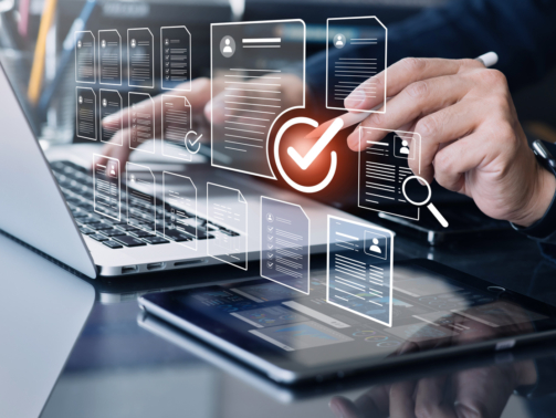 Businessman check marks,checkboxes with electronic survey form or digital document file.organizations and human resource management.big data analysis for survey statistics