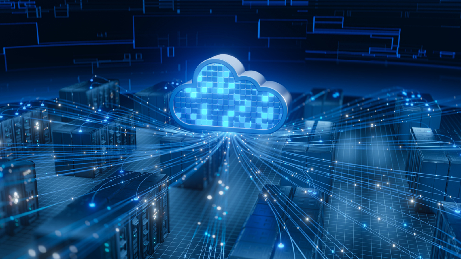An abstract graphic shows a blue cloud symbol linked by glowing lines to server racks, representing cloud technology, data transfer, and digital network infrastructure.