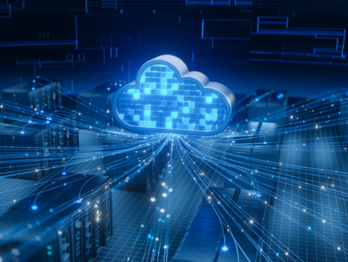 An abstract graphic shows a blue cloud symbol linked by glowing lines to server racks, representing cloud technology, data transfer, and digital network infrastructure.