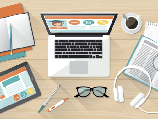 E-learning, education and university banner, student's desktop with laptop, tablet and books