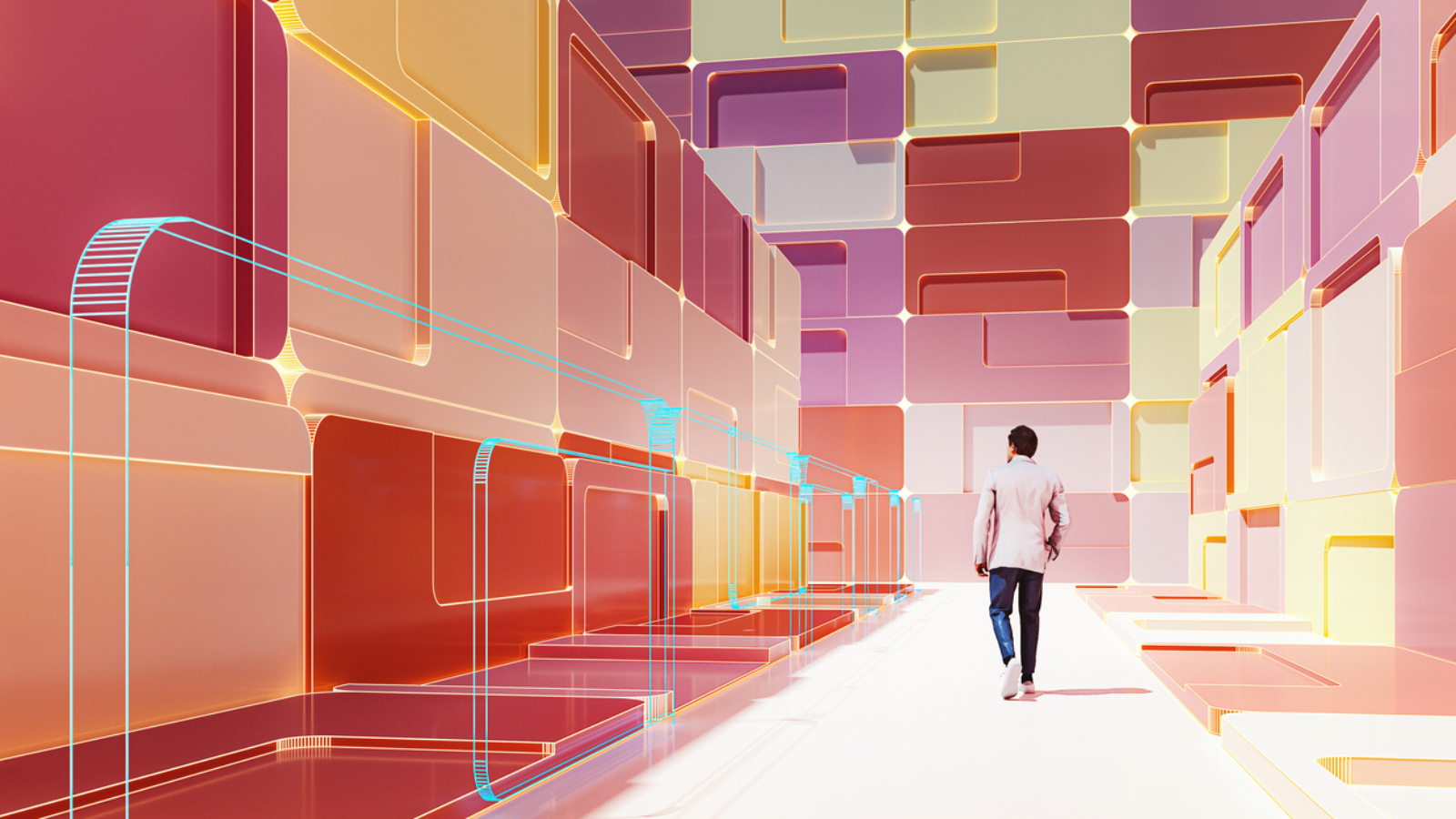 Businessman walking in VR environment. 3D generated image.