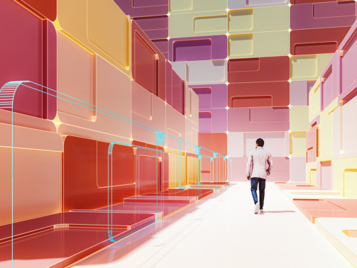 Businessman walking in VR environment. 3D generated image.