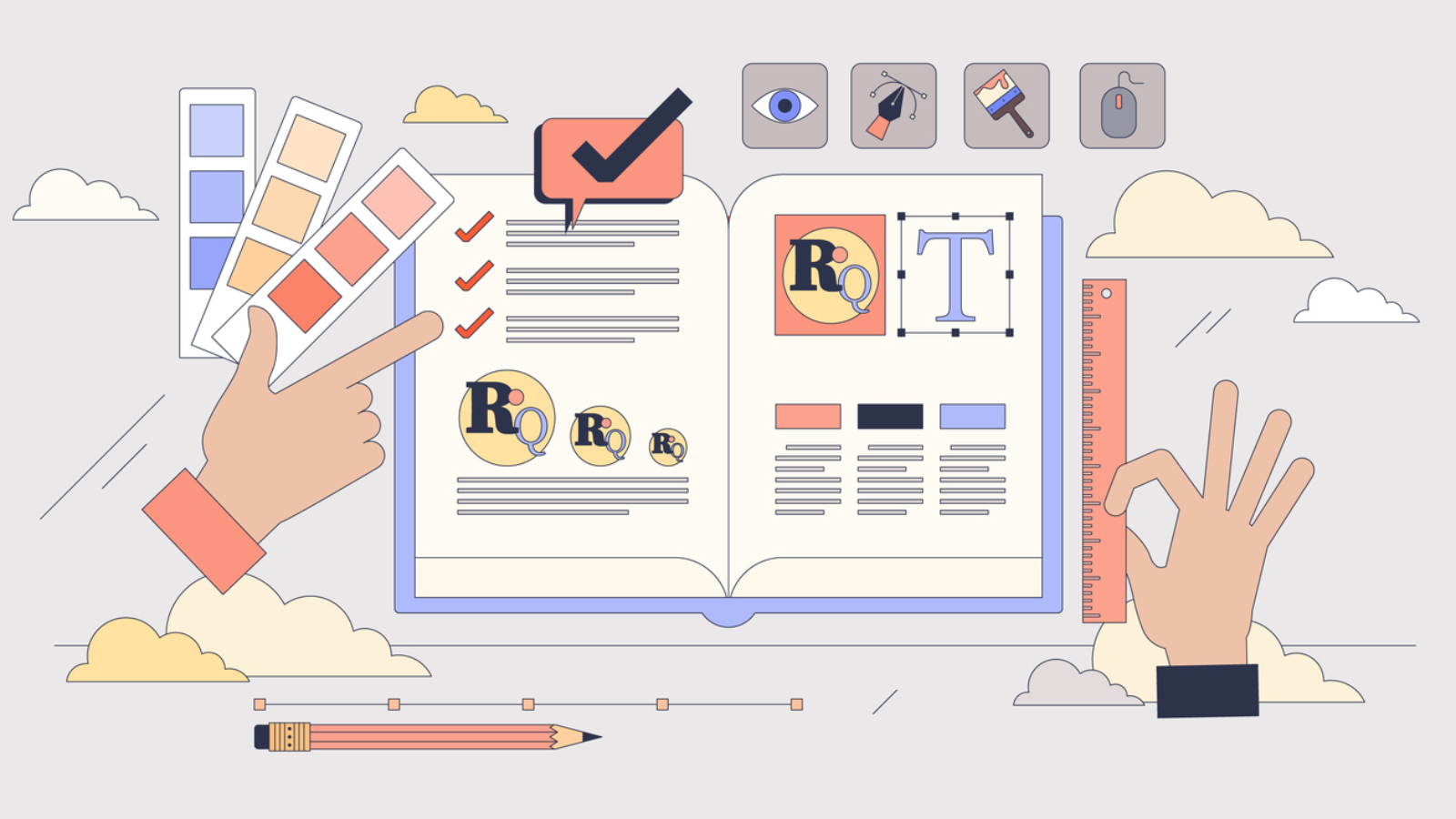 Brand recognition and style creation tiny person neubrutalism concept. Individuality and identity management with logo, colors and font creation for company visual communication vector illustration.