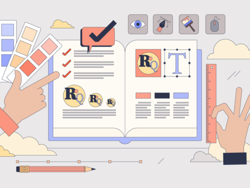 Brand recognition and style creation tiny person neubrutalism concept. Individuality and identity management with logo, colors and font creation for company visual communication vector illustration.