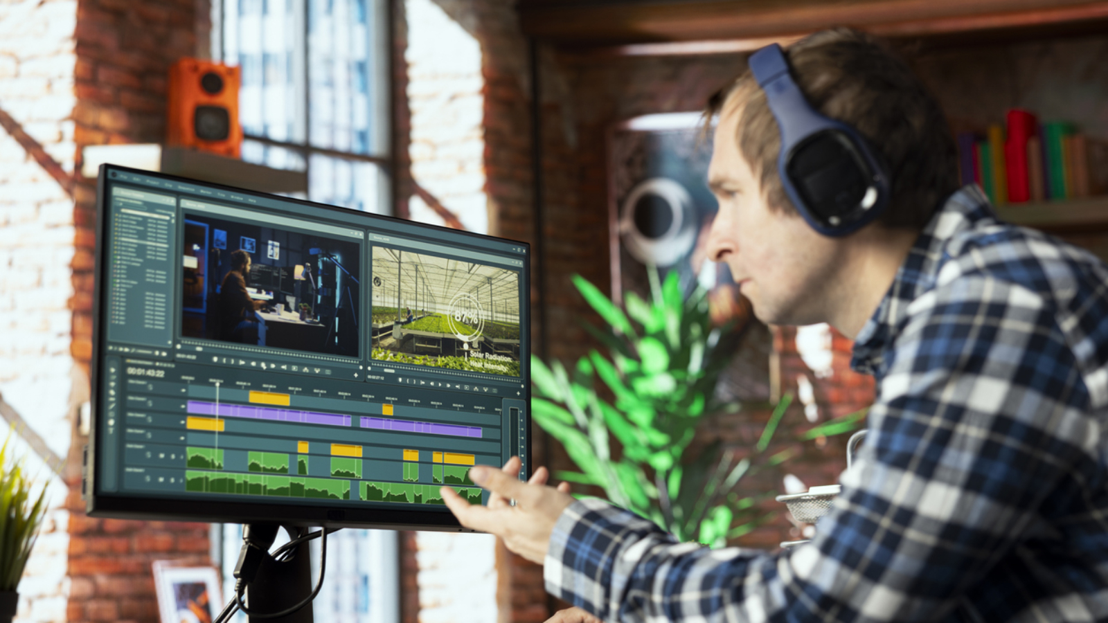 Freelancing video editor in home office wearing headphones to polish raw footage and improve audio quality. Videographer professionally adjusting clips, applying sound effects to film