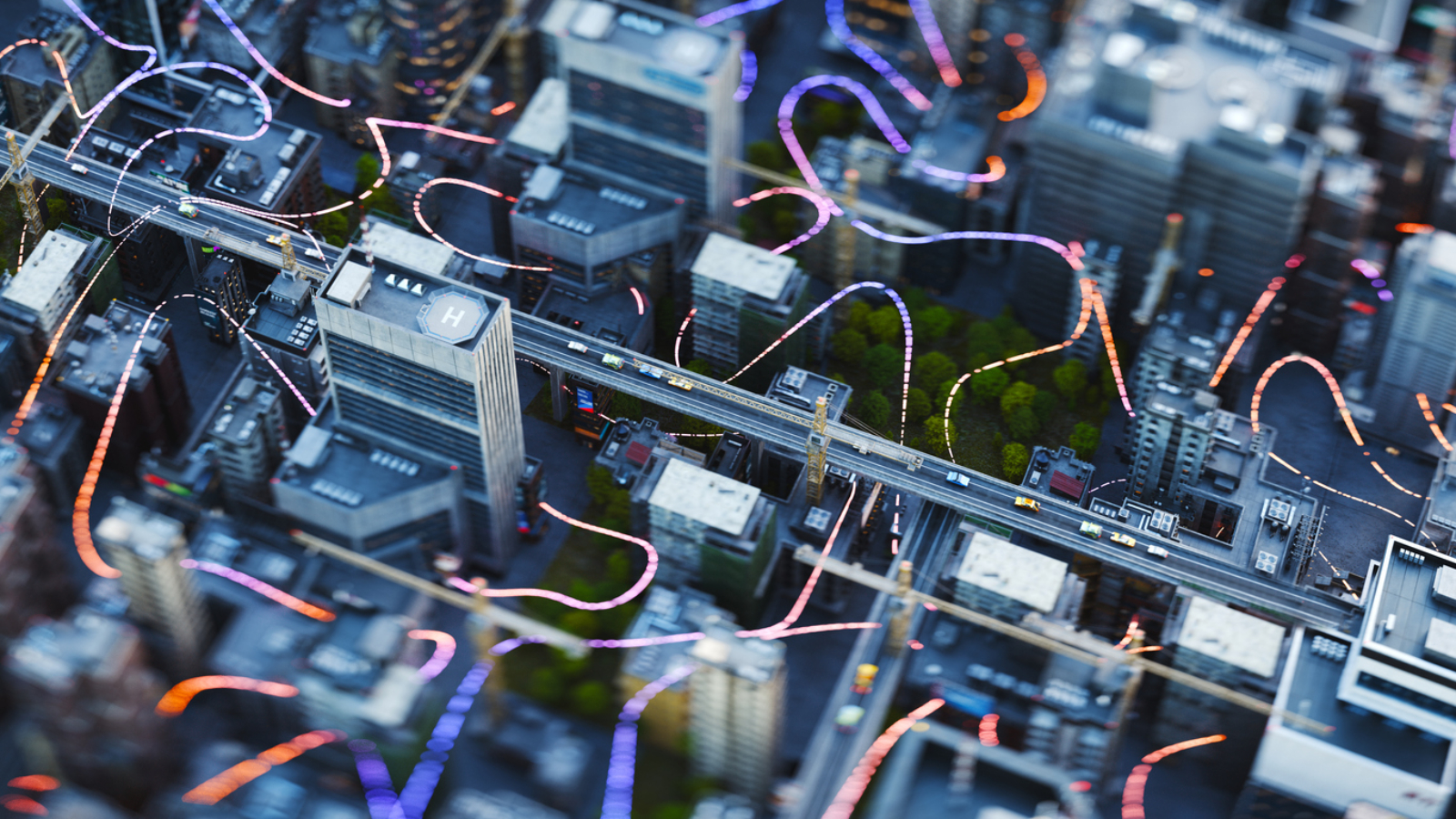 Glowing lines representing invisible wireless connections in the city. 3D render