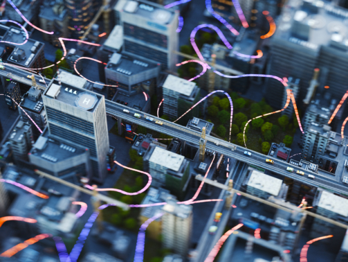 Glowing lines representing invisible wireless connections in the city. 3D render