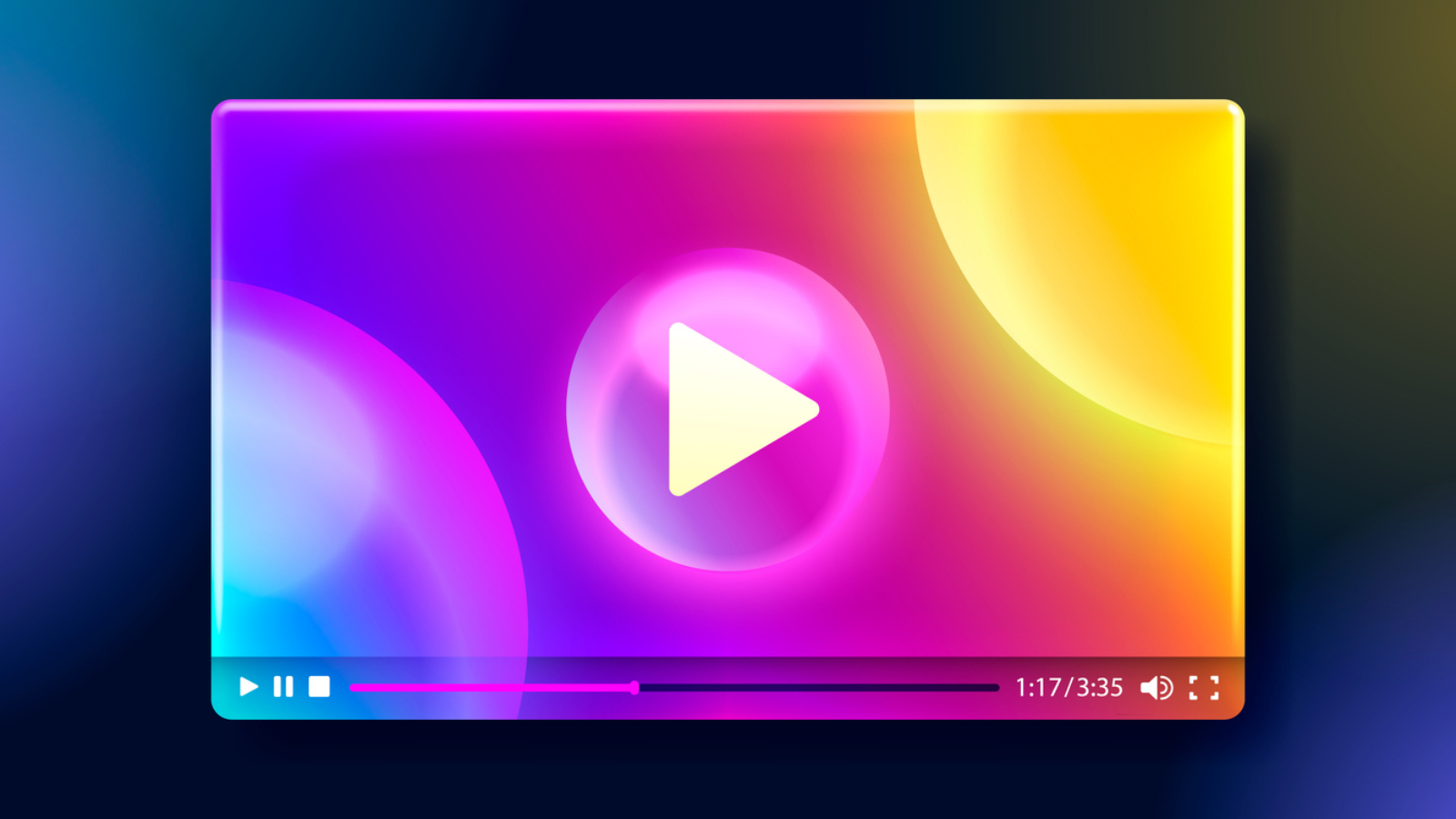 Stylish video player interface with glowing play button on a vivid gradient backdrop, perfect for modern digital media. Vector illustration
