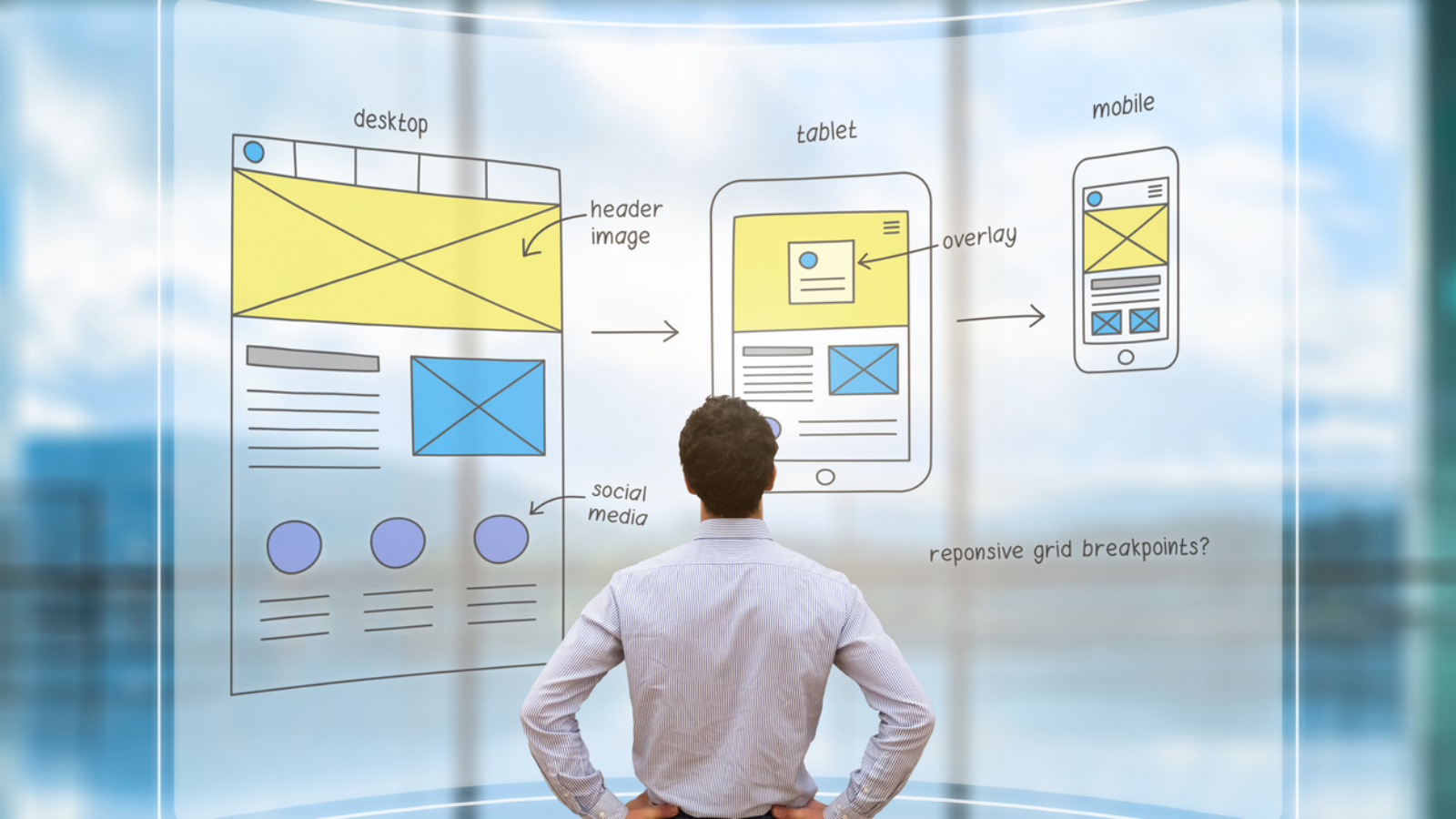 Website development UI/UX front end designer reviewing sketched wireframe layout design mockup for responsive web content with AR screen