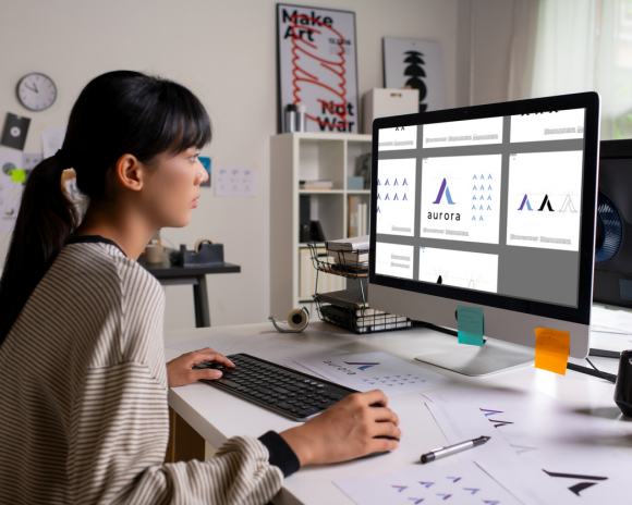 Asian Graphic designer working in office. Designing logo Artist Creative Designer Illustrator Graphic Skill Concept.