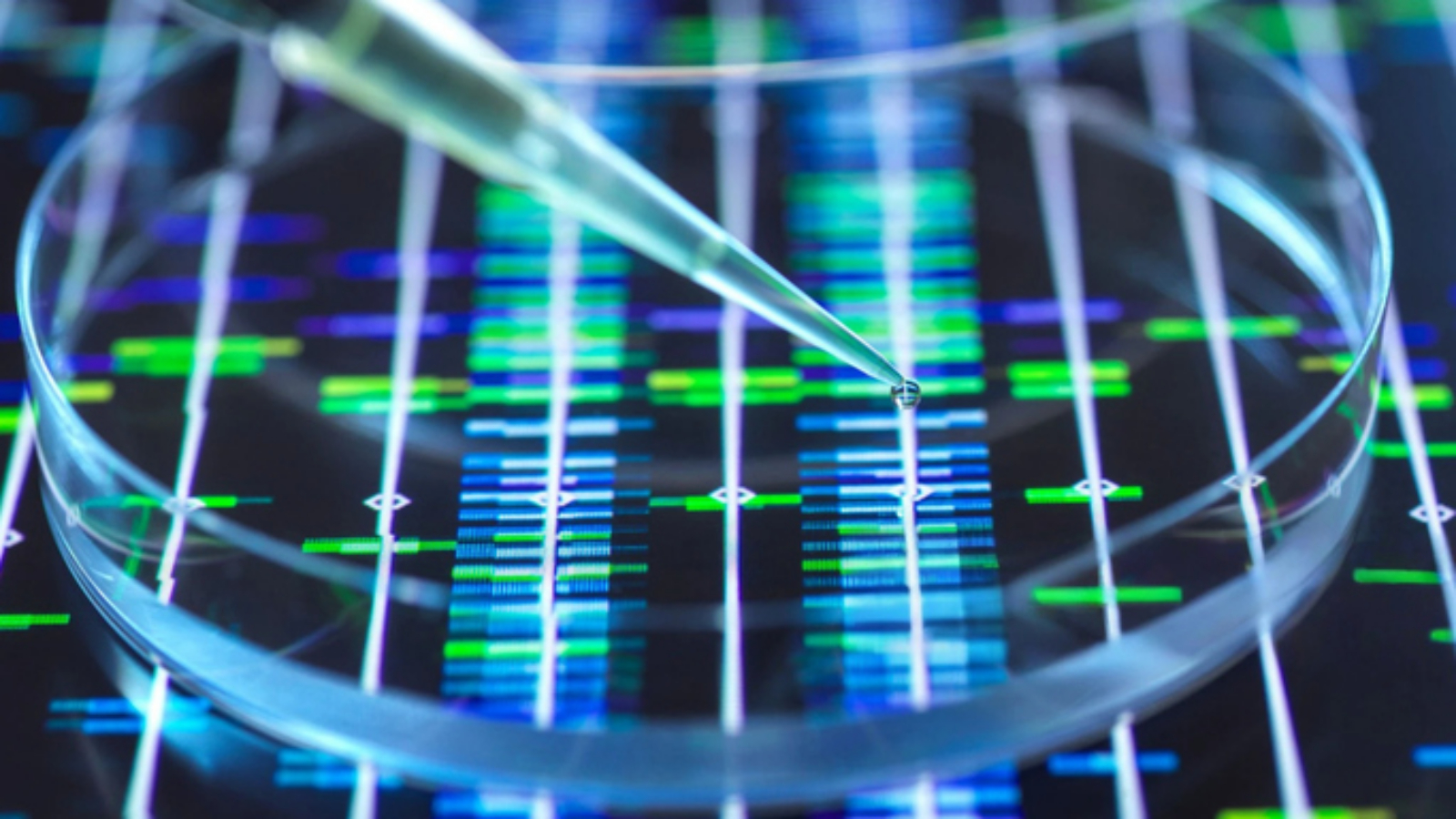A pipette dispensing a liquid into a petri dish set against a background of a DNA sequence, symbolizing scientific advancements.