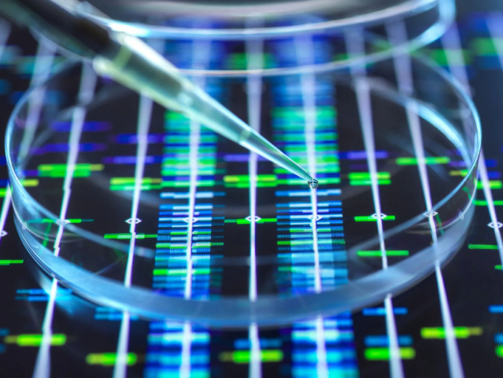 A pipette dispensing a liquid into a petri dish set against a background of a DNA sequence, symbolizing scientific advancements.