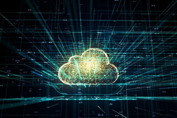 Cloud technology, cloud computing symbol, random numbers and others elements which creating abstract 3D information technology illustration