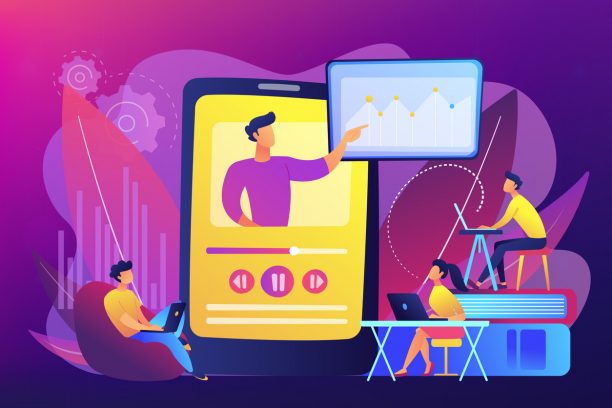 Students watching online training video with teacher and chart on tablet. Online teaching, share your knowledge, english teacher online concept. Bright vibrant violet vector isolated illustration