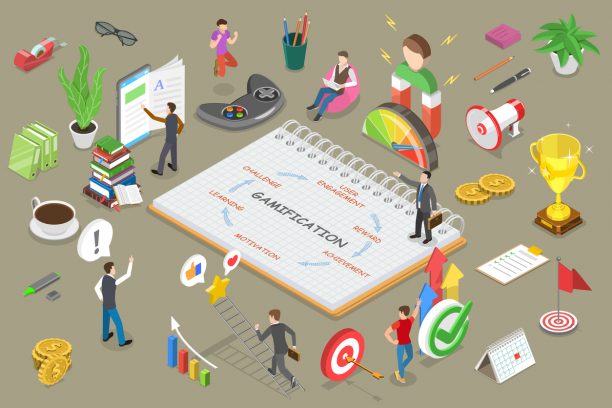 Mobile App Gamification, Interactive Content For Audience Engaging, Encouraging Customers to Earn Rewards. 3D Isometric Flat Vector Conceptual Illustration.