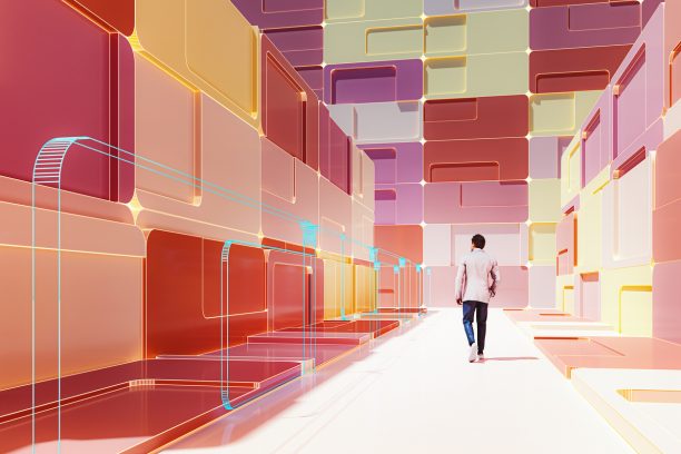 Businessman walking in VR environment. 3D generated image.