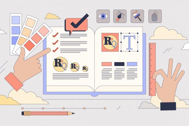 Brand recognition and style creation tiny person neubrutalism concept. Individuality and identity management with logo, colors and font creation for company visual communication vector illustration.