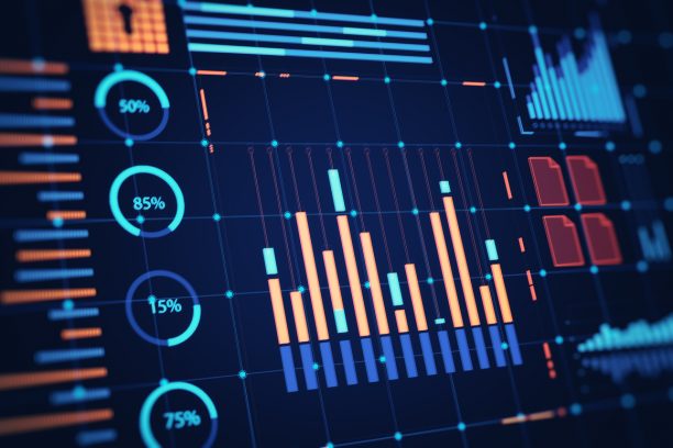 Financial data interface with bar charts, circular diagrams, and graphs on a futuristic digital background. Concept of market analysis. 3D Rendering.