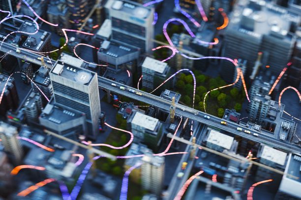 Glowing lines representing invisible wireless connections in the city. 3D render