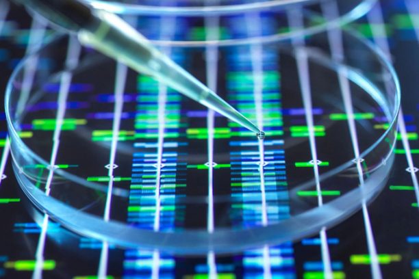 A pipette dispensing a liquid into a petri dish set against a background of a DNA sequence, symbolizing scientific advancements.