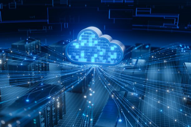 An abstract graphic shows a blue cloud symbol linked by glowing lines to server racks, representing cloud technology, data transfer, and digital network infrastructure.