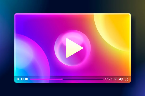 Stylish video player interface with glowing play button on a vivid gradient backdrop, perfect for modern digital media. Vector illustration